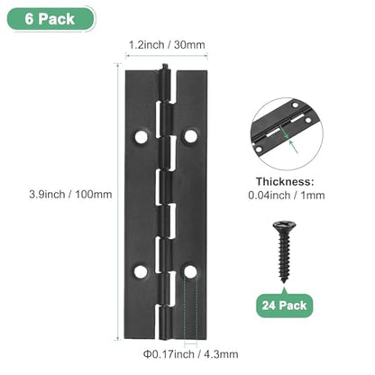 M METERXITY 6-Pack Piano Hinges, 4 Inch / 100mm 304 Stainless Steel Continuous Piano Hinge with Holes and Screws for Cabinets Door/Storage Box [1.2X 0.04/ 30x 1mm Open Width Thick, Black] - size: 4 Inch