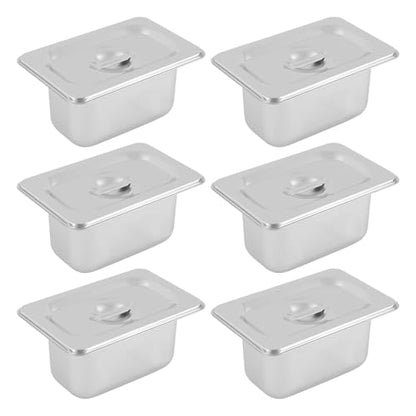 6 Pack Stainless Steel Hotel Pans with Lids, 1/9 Size or 1/4 Size Commercial Metal Food Catering Trays for Steam Table, Buffet Serving, Food Storage & Preparation (1/9 Size 2.7Qt) - size: 1/9 Size 2.7Qt