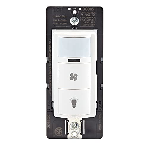 Leviton Decora in-Wall Combination Occupancy Sensor with Fan Switch, Auto-On or Manual-On, 1/4 HP, Residential Grade, Single Pole, White, DOD05-1LW