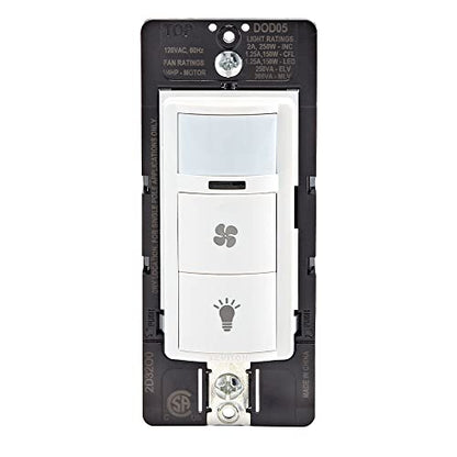 Leviton Decora in-Wall Combination Occupancy Sensor with Fan Switch, Auto-On or Manual-On, 1/4 HP, Residential Grade, Single Pole, White, DOD05-1LW