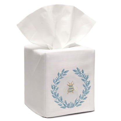 Jacaranda Living Square Tissue Box Cover, Linen/Cotton Fabric Tissue Holder, Decorative Cloth Tissue Cube Cover, Embroidered Bee Designs, Napoleon Bee Wreath (Duck Egg Blue) - color: Napoleon Bee Wreath (Duck Egg Blue)