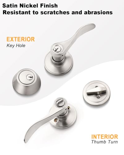 Gobrico 6 Keyed-Alike Entry Lever and Single Cylinder Deadbolt Combination Locksets, Satin Nickel Finished, Front Door Handle and Deadbolt with Same Key - color: Satin Nickel, size: 6 Pack