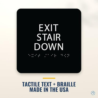 Alpha Dog Exit Stair Down Sign, 6x6 ADA Braille Sign, Black - color: Black, size: Exit Stair Down