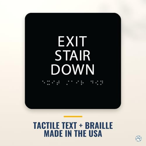 Alpha Dog Exit Stair Down Sign, 6x6 ADA Braille Sign, Black - color: Black, size: Exit Stair Down