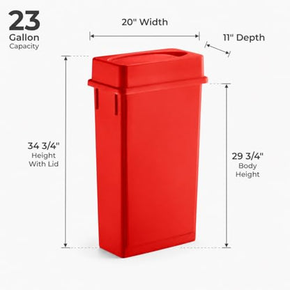 23 Gallon Slim Rectangular Commercial Trash Can, Heavy Duty Plastic Indoor Waste Bin for Kitchen, Office, Restaurant, School, Restroom & Janitorial Use (Red, with Lid) - color: Red