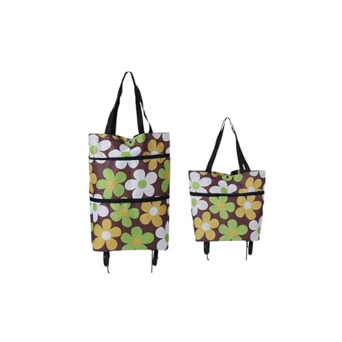 Foldable Wheeled Grocery Bag - Water-Resistant Rolling Tote - color: Coffee Flower