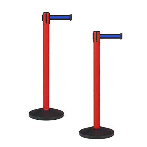 Montour Line MS630 Set of 2 Retractable Belt Barrier Stanchion, Sloped Base, Red Post (7.5 ft Black with Horizontal Blue Stripe Belt) - color: Black With Horizontal Blue Stripe, size: 7.5 ft