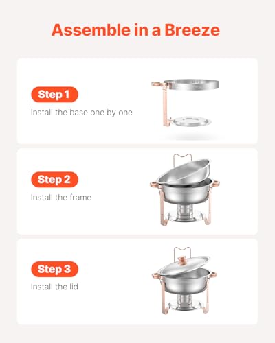 VEVOR Chafing Dish Buffet Set, 5 Qt 4 Pack, Stainless Steel Chafer with 4 Full Size Pans, Round Catering Warmer Server with Lid Water Pan Folding Stand Clip, for Weddings Parties Banquets, Rose Gold - size: 4packs Rose Gold