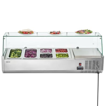 VEVOR Refrigerated Condiment Prep Station, 130W Countertop, Two 1/3 and Four 1/6 Pans, 304 Stainless Body, PC Lid, Sandwich Prep Table with Glass Guard, 3.79 Cu. Ft.