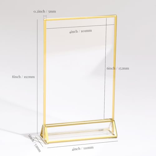 UNIQOOO Acrylic Sign Holders with Golden Border, Portrait View, Pack of 12 | 4x6 Inches Double Sided Clear Frame, Perfect for Wedding reception, Centerpiece, Decoration, Party,Anniversary, Event - size: 4x6",12Pack