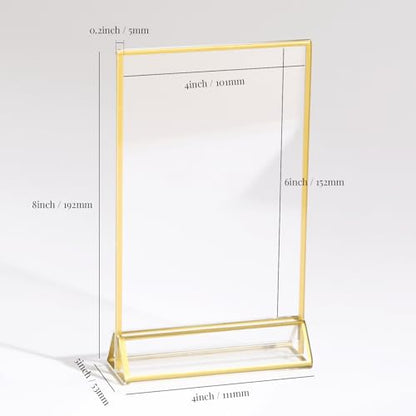 UNIQOOO Acrylic Sign Holders with Golden Border, Portrait View, Pack of 12 | 4x6 Inches Double Sided Clear Frame, Perfect for Wedding reception, Centerpiece, Decoration, Party,Anniversary, Event - size: 4x6",12Pack