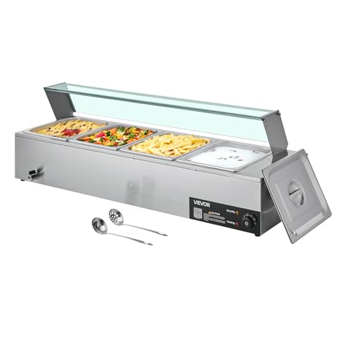 VEVOR Commercial Food Warmer, 1500W Electric Stainless Steel Steam Food Warmer with Glass Cover, 4-Pan Countertop Buffet Bain Marie with Soup & Perforated Ladles, for Catering, Restaurant & Party - size: 4x1/2Pan;48QT