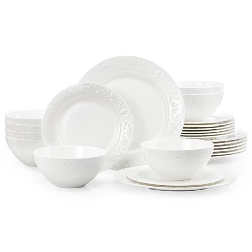 KINGSTONE 24Pcs Vintage Relief White Bone China Set, Service for 8 - color: White-Retro Embossed, size: service for 8-24pcs