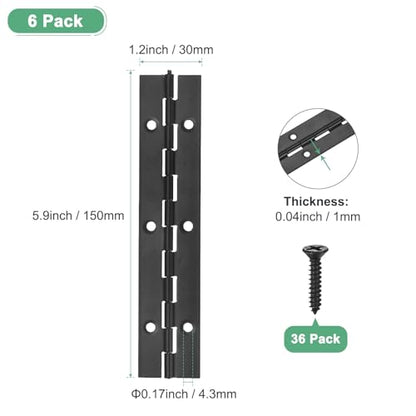 M METERXITY 6-Pack Piano Hinges, 6 Inch / 150mm 304 Stainless Steel Continuous Piano Hinge with Holes and Screws for Cabinets Door/Storage Box [1.2X 0.04/ 30x 1mm Open Width Thick, Black] - size: 6 Inch