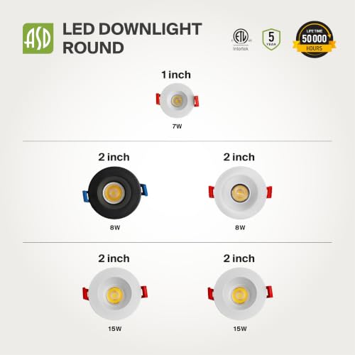 ASD 1 Inch LED Recessed Lighting with Junction Box, 5 CCT 2700K-5000K CRI 90+, 7W 120V 550 Lumens, Round Triac Dimmable Anti-Glare Downlight, IC Rated Downlights for Ceiling, ETL White