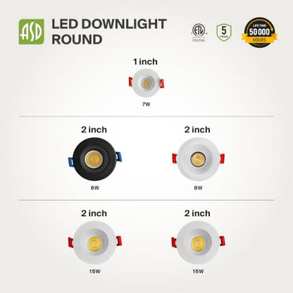 ASD 1 Inch LED Recessed Lighting with Junction Box, 5 CCT 2700K-5000K CRI 90+, 7W 120V 550 Lumens, Round Triac Dimmable Anti-Glare Downlight, IC Rated Downlights for Ceiling, ETL White