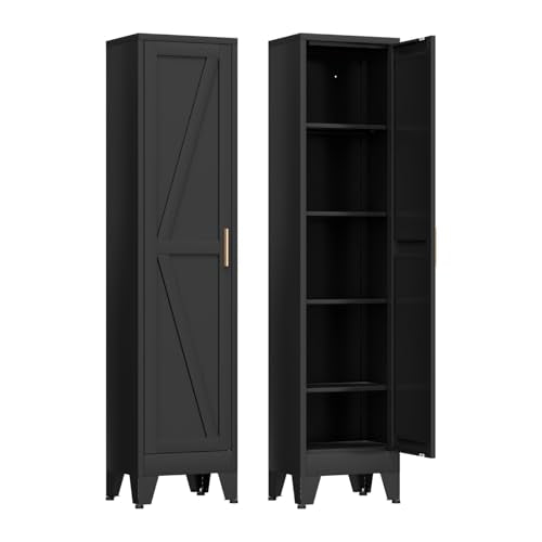 COFaR 67'' Tall Narrow Bathroom Storage Cabinet, Metal Farmhouse Skinny Pantry Cabinet with 4 Adjustable Shelves and One Door, Slim Cabinet Storage for Kitchen Garage, 5-Tier Black - color: Black, size: 11.81''D × 15.75''W × 66.93''H-L04