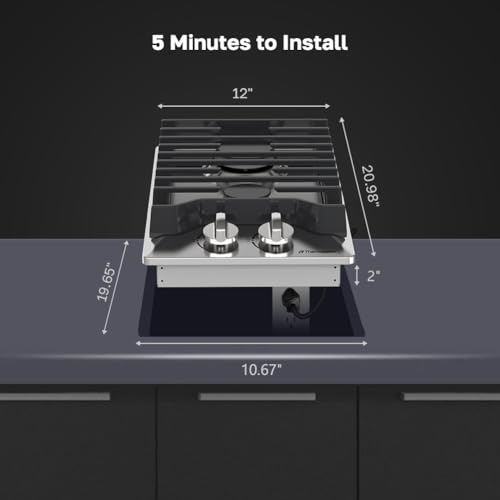 12 Inch Gas Cooktop, ThermoMate Heavy Built In Gas Rangetop with 2 High Efficiency SABAF Burners, NG/LPG Convertible 304 Stainless Steel Stove Top with Flame Out Protection, CSA Certified - size: 12 inch 2 burners