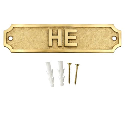 Brass HE Door Sign Plaque 22 x 5 cm | Gender Restroom Sign Wall Plate | Office, Home, Commercial Bathroom Identifier Sign with Mounting Screws - color: HE