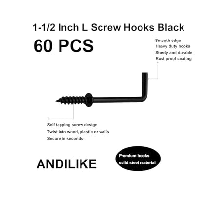 60 PCS 7 Shaped Right Angle Screw Hooks,Black 1-1/2 Inch Screw in L Shaped Hooks for Hanging Lamp,Plants,Decorations,kitchenware and DIY Crafts - size: 1-1/2inch 60pcs