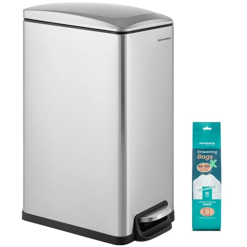 SONGMICS Kitchen Trash Can with Lid, 13-Gallon (50 L) Slim, Stainless Steel - color: Silver, style: 13 Gal.