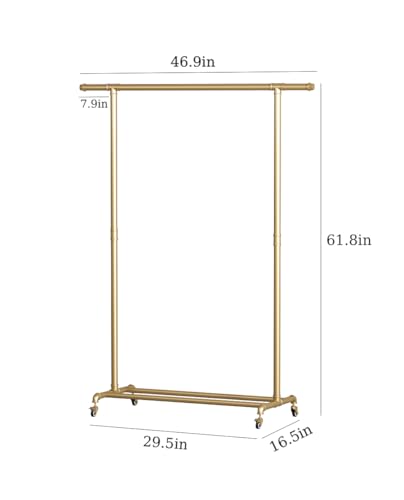 Industrial Pipe Clothing Rack, Heavy Duty Metal Clothes Rack With Wheels, Rolling Garment Rack with Bottom Shelf for Home Boutique Use (Gold)