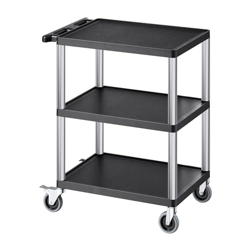 VEVOR Utility Cart, 300 lbs Load Capacity, 27.6 x 18.1-inch Service Cart, Three-Shelf Heavy Duty Plastic Utility Cart with 360° Swivel Wheels (2 with Brakes), Suitable for Warehouse, Garage, Cleaning - style: 300 LBS-3 Tier