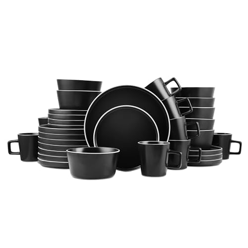 Stone Lain Allison Stoneware Dish Set, 32-Piece Round Dishes for 8, Black and White - color: Black Matte, White Rim, size: Service For 8, style: Dinnerware Set