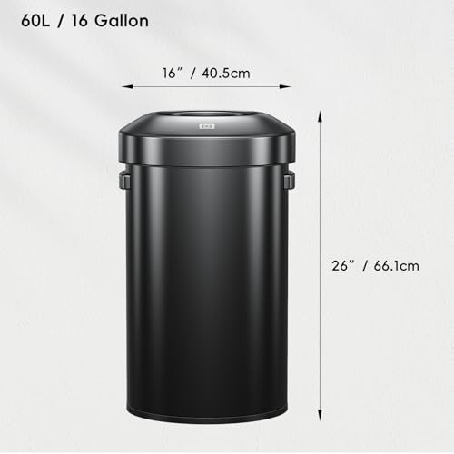 EKO 16-Gallon Round Black Stainless Steel Open Top Trash Can, Large Commercial Waste Bin with Detachable Lid and Carrying Handle, Brushed Metal Garbage Bin for Home, Office, Restaurant, Restroom - color: Matte Black, size: 60 Liter, Round