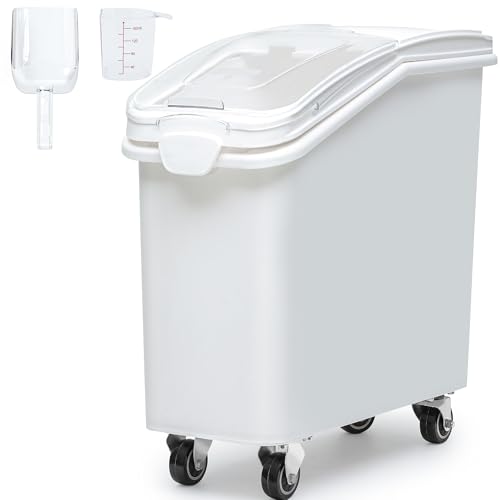 DWVO 21 Gal Large Ingredient Storage Bin, Flour Rice Food Storage Containers Bin with 500 Cups, Commercial Bins with 360° Wheels, Scoop and Lid for Kitchen, White - size: 21 Gal