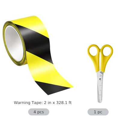 4 Rolls Heavy Duty Safety Tape, 2" x 328.1 ft, Yellow Black Stripes, Strong Adhesive Floor Tape for Industrial Warehouse & Construction, Comes with Scissors