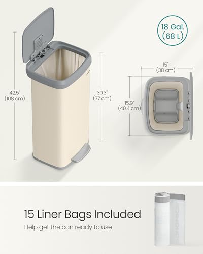 SONGMICS Kitchen Trash Can, 18-Gallon (68 L) Stainless Steel, Soft Closure - color: Sand Beige + Dove Gray, style: 18 Gallons