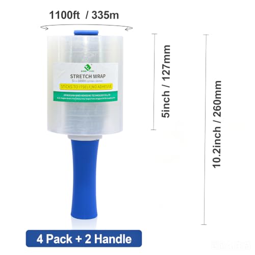 BOMEI PACK 4Pack Industrial Mini Clear Stretch Wrap Film, 5inch x 1100ft for Pallet Wrap with Plastic Handle, Heavy Duty Shrink Film for Packing, Moving, Packaging, 80 Gauge