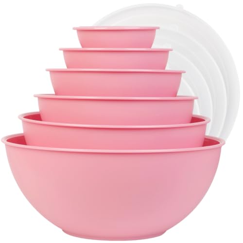 BoxedHome BPA Free Plastic Round Mixing Bowl with Lids, 12 Pack Nesting Bowls with Lids Set, Microwave and Dishwasher Safe Prep & Serving Bowls Great for Mixing, Baking, Serving (Pink, 12pcs) - color: Pink