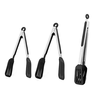 3 PCS Stainless Steel & Silicone Cooking Tongs Set (7", 9", 12") - color: Black, size: 7 & 9 & 12 inch