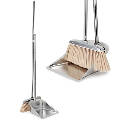 Broom and Dustpan Set for Home, Stainless Steel Broom and Dustpan Set with Long Handle, Heavy Duty Dustpan Broom Set Standing Dust Pan Kitchen and Home Indoor Outdoor Broom - color: Silver Broom and Dustpan Set