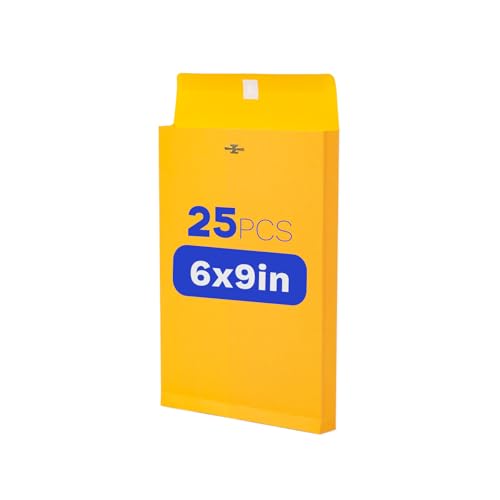 6x9 Expanding Clasp Manilla Envelopes with Gummed Seal 25 Pack, Goefun Heavy Duty 180 GSM Kraft, Resuable Small Manila Envelopes for Filing, Storage & Mailing - color: Yellow-25 pack, size: 6x9