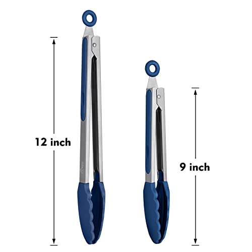 HOTEC Stainless Steel Kitchen Tongs with Silicone Tips, Set of 2-9" and 12" - color: Classic Blue:12+9inch