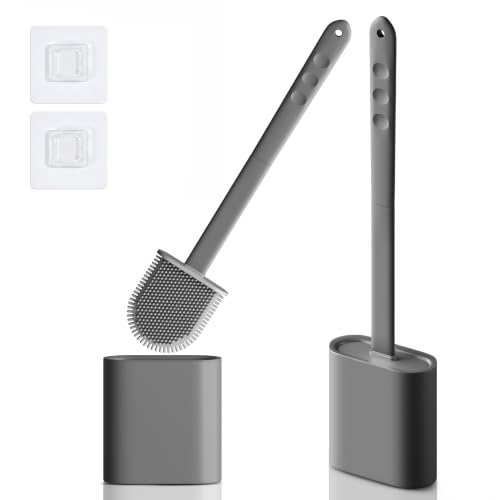 Modern Minimalist Silicone Toilet Brush with Holder - Pack of 2 Gray Toilet Bowl Brush Set - Self-Cleaning & Splash-Free, Easy-Rinse Design with Wall Mounted Holder Bathroom Accessory. - color: Gray, size: Pack of 2