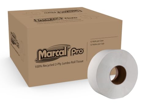 Marcal Pro 2-Ply Jumbo Toilet Paper Rolls, 3.3" x 600', Big Roll Toilet Paper for Office & Commercial Restrooms, Pack of 12 (5206)