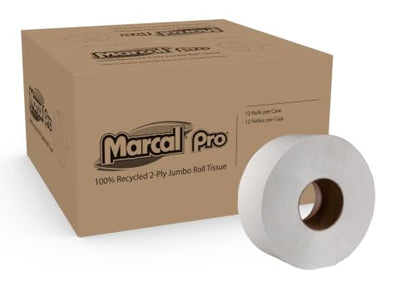 Marcal Pro 2-Ply Jumbo Toilet Paper Rolls, 3.3" x 600', Big Roll Toilet Paper for Office & Commercial Restrooms, Pack of 12 (5206)