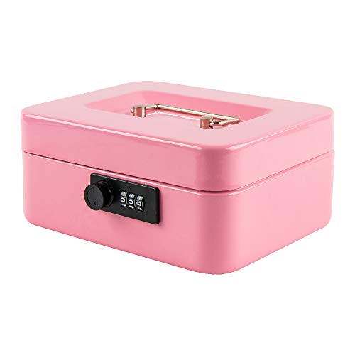 KYODOLED Medium Cash Box with Combination Lock Safe Metal Money Box with Money Tray for Security Lock Box 7.87x 6.30x 3.54Inch Pink Medium - color: Pink (Pack of 1), size: Medium