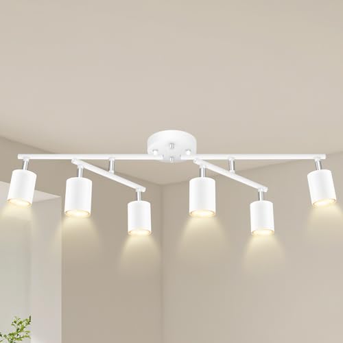 BoostArea 6 Light Track Lighting Kit, White 6 Way Ceiling Spot Lighting, Center Swivel Track Light Heads, Flexibly Rotatable Light Head for Kitchen, Living Room, Bedroom, GU10 Bulb Not Included - color: Rotatable-6 Light-white