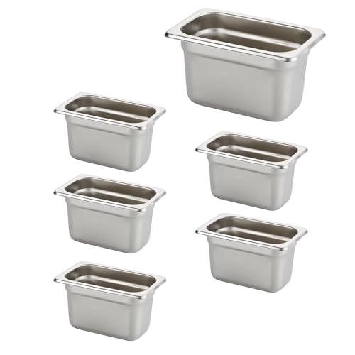 HECMAC 6 Pack Anti-Jam Hotel Pans, 1/9 Size 4 Inch Deep, Commercial Stainless Steel Chafing Steam Table Pan, Catering Storage Metal Food Pan, 23 Gauge - size: 1/9 Size, 4" Deep