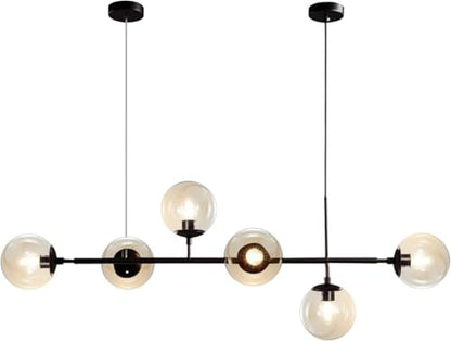 KCO Lighting 6-Light Modern Globe Sputnik Chandelier Mid Century Black Pendant Light Chandelier Dining Room Linear Pendant Lighting Kitchen Island Adjustable Pendant Light Fixtures (Black+Amber) - color: Black