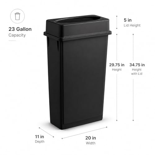 23 Gallon Slim Rectangular Commercial Trash Can, Heavy Duty Plastic Indoor Waste Bin for Kitchen, Office, Restaurant, School, Restroom & Janitorial Use (Black, with Lid) - color: Black