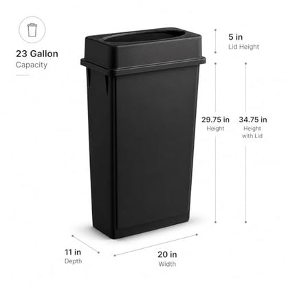 23 Gallon Slim Rectangular Commercial Trash Can, Heavy Duty Plastic Indoor Waste Bin for Kitchen, Office, Restaurant, School, Restroom & Janitorial Use (Black, with Lid) - color: Black