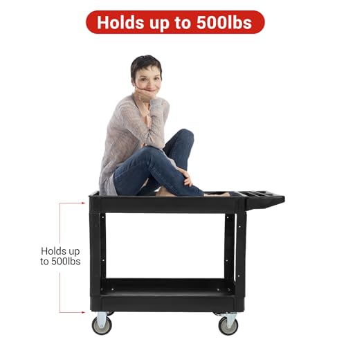 Utility Service Cart with Wheels and Two Trays, Service Cart 2-Shelf 500lbs, Rolling Utility Cart for Warehouse/Garage/Cleaning/Manufacturing, 2 Tier Heavy Duty Uline Tool Cart, 45"X25", Black - color: Black