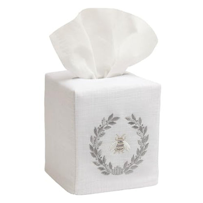 Jacaranda Living Square Tissue Box Cover, Linen/Cotton Fabric Tissue Holder, Decorative Cloth Tissue Cube Cover, Nature Designs Napoleon Bee Wreath (Pewter) - color: Napoleon Bee Wreath (Pewter)