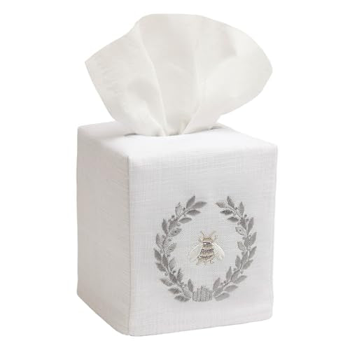 Jacaranda Living Square Tissue Box Cover, Linen/Cotton Fabric Tissue Holder, Decorative Cloth Tissue Cube Cover, Nature Designs Napoleon Bee Wreath (Pewter) - color: Napoleon Bee Wreath (Pewter)